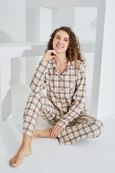Etoile Plaid Patterned 100% Cotton Long Sleeve Women's Pajamas Set - Front Button 98225