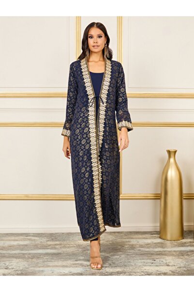 Maxim Creation By Styli Foil Print Thread Embroidered Stone Detail Belted Kaftan