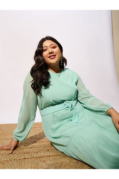 Sassafras By Styli Plus Belted Tiered Maxi Dress with Sheer Sleeve