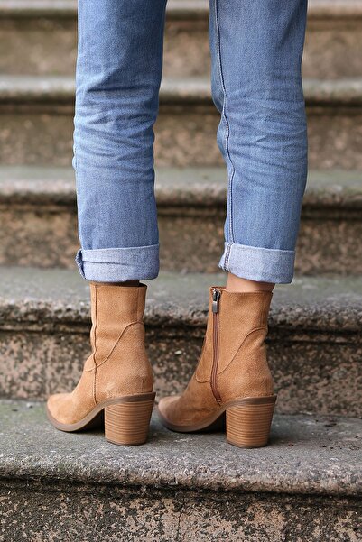 EREN SHOES BAG Occi Taba Süet Topuklu Western Kovboy Kadın Bot