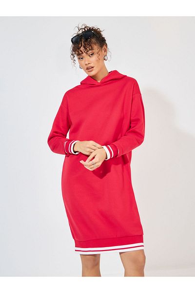 Styli Striped Cuff Hooded Sweatshirt Knee-Length Dress