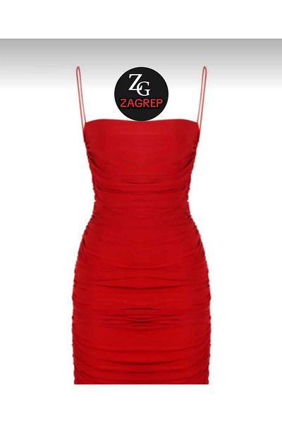 Zagrep Women's Red Strappy Draped Gathered Lined Inner No-Show Zippered Mini Dress
