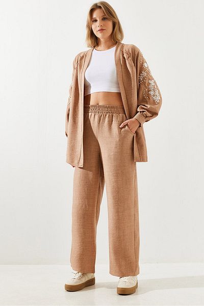 Bianco Lucci Women's Embroidery Detailed Linen Bottom-Top Suit Mbms017 60501017
