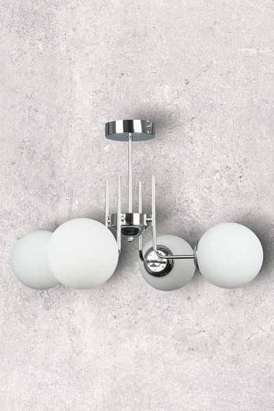 Fer Avize Tanya Modern Design Kitchen - Living Room - Bedroom - Ceiling Chrome Color White Glass 4-Piece Chandelier
