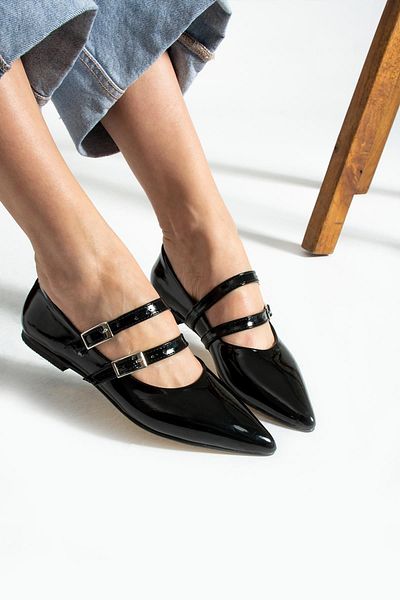Glenz Women's Double Buckle Pointed Toe Ballerina Shoes TS1165
