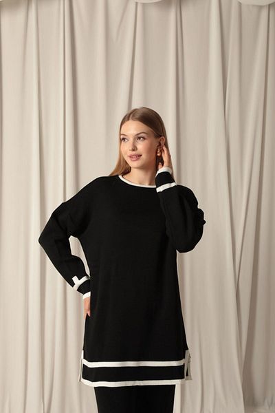 vuvutasarım طقم نسائي من قماش التريكو بأكمام طويلة للموسم الجديد - رقبة دائرية وشريط سميك 25PTK317