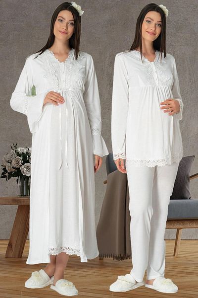 Mecit Pijama طقم أمومة بأكمام طويلة من القطن مكون من 4 قطع - ياقة بأزرار