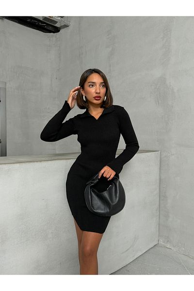 BEJNA Černé dámské šaty Polo Neck Mini Knitwear