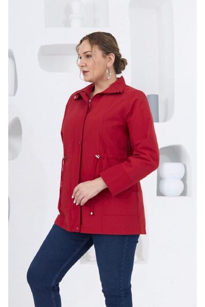 RMG KADIN KIRMIZI RMG BEL BAĞCIK DETAYLI FERMUARLI BÜYÜK BEDEN TRENÇKOT 9828 KIRMIZI