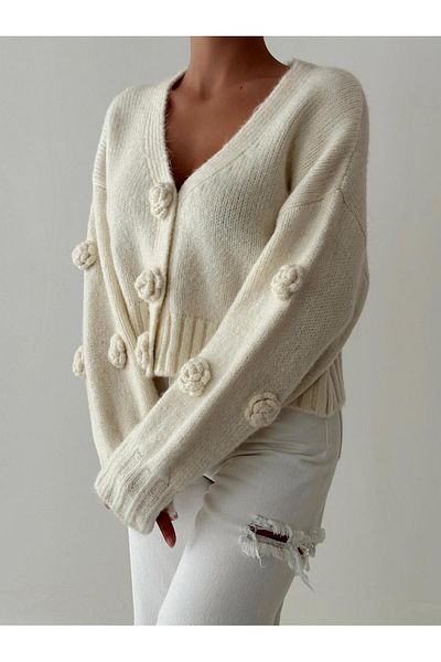 ASM Fashion Rose Embroidered Pink Snap Balloon Sleeve Knitwear Cardigan