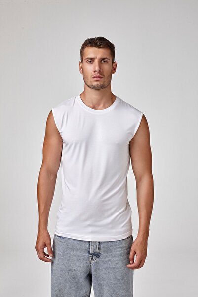 relactive Λευκό ανδρικό μπλουζάκι - Αμάνικο, στρογγυλή λαιμόκοψη