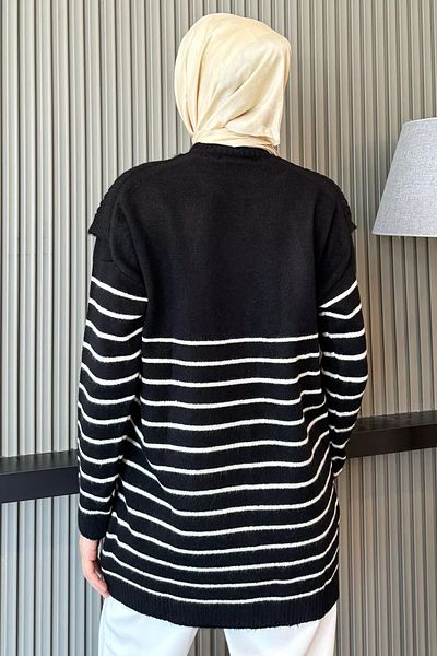 julude Μαύρο Πλεκτό Πουλόβερ Hijab με ριγέ λαιμόκοψη και κασκόλ