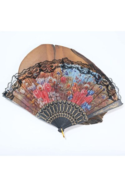 Genel Markalar Çiçek Desenli Dantelli Plastik Siyah Yelpaze Kına Düğün Nişan Hediyelik Yelpaze