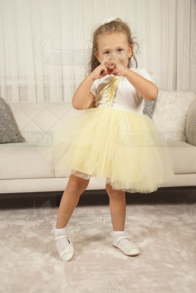 neocotton Kız Çocuk Bebe Yaka Kısa Kollu Astarlı Tüllü Elbise