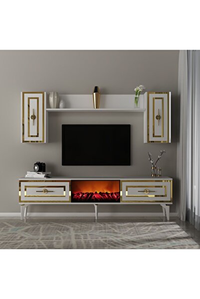 cantek dizayn VİOLLA  ŞÖMİNELİ TV ÜNİTESİ TAKIMI BEYAZ-ALTIN