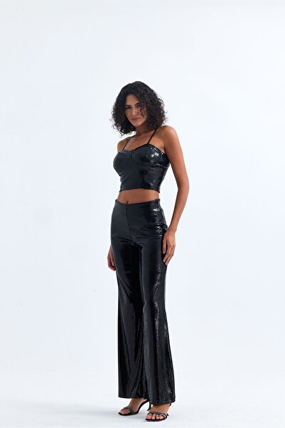 Sense Black Sequined Wide Leg Trousers - Pnt32440