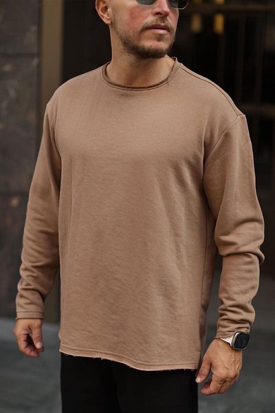 MADZEYMODA Мъжки кафяв суитшърт с кръгло деколте, размер Oversize, нов сезон KE-413
