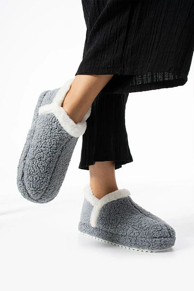 İncim ComfyBoot Grey Slippers - Άνετες χειμερινές μακριές παντόφλες σπιτιού, δώρο προίκα για επισκέπτες