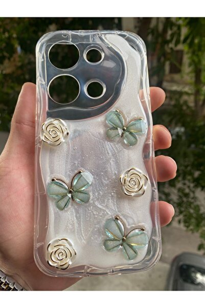 AQUA AKSESUAR Xiaomi Redmi Note 13 4G Uyumlu Kılıf 5D Kabartmalı Kelebek Çiçe...