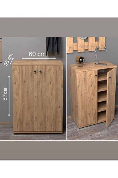 İZMİR ALİNDA MOBİLYA Ayakkabılık Çok Amaçlı Ayakkabı Dolabı 5 Raflı 2 Kapaklı Ceviz Renk