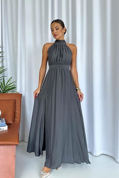 Mine Tan Butik Γυναικείο φόρεμα καπνιστό σατέν με λαιμόκοψη