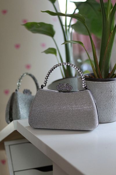 Moom Bag Γυναικεία βραδινή τσάντα φόρεμα με λαβή από κρύσταλλο πλατίνα