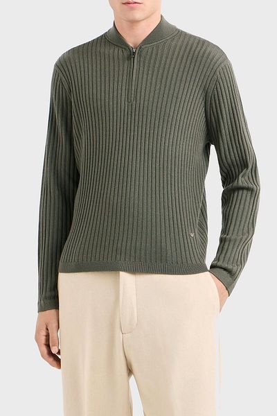 Emporio Armani سترة صوفية بقصة ضيقة للرجال - نصف سحاب، سترة برقبة واقفة 6D1MXP 1MKDZ 06K0