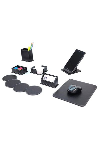 prozenis Black Leather 7 Piece Office Table Top Set 3707