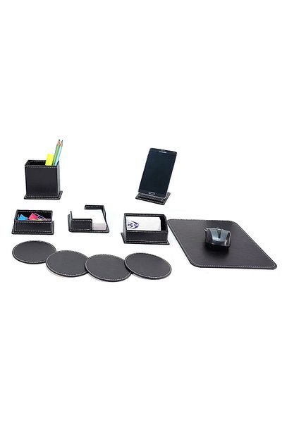 prozenis Black Leather 7 Piece Office Table Top Set 3707