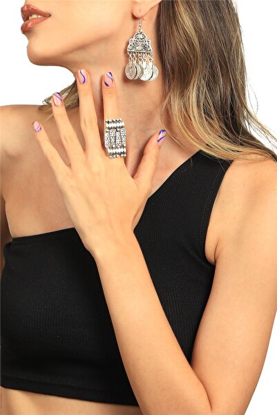 LABALABA Kadın Antik Gümüş Kaplama Osmanlı Motifli Tuğra Detaylı Sallantılı Model Küpe & Yüzük Seti