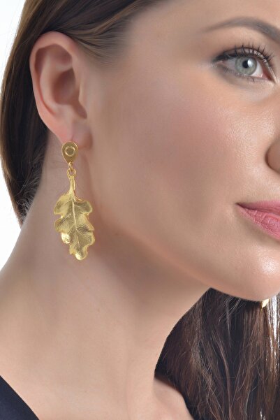 LABALABA Kadın Altın Renk Kaplama Çivili Model Yaprak Stılızesi Küpe
