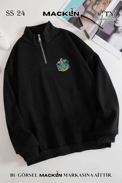 macklin Hanorac de bază unisex cu imprimeu Harry Potter Slytherin - guler vertical, jumătate cu fermoar