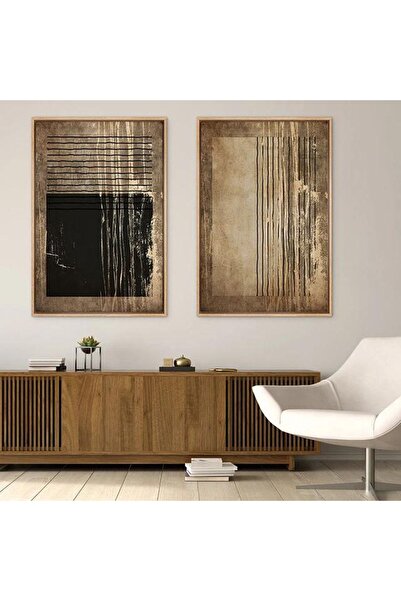 Linacci İkili Gold Metal Çerçeveli Eskitme Dokulu Camlı Tablo Seti