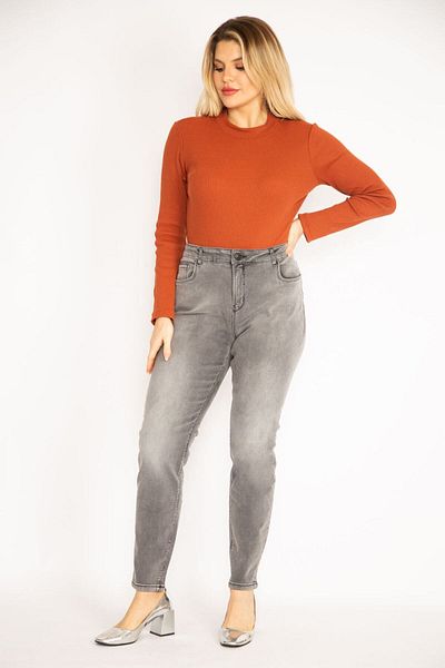 Şans Women's Large Size Gray Washed Effect Lycra Jeans 65n35251