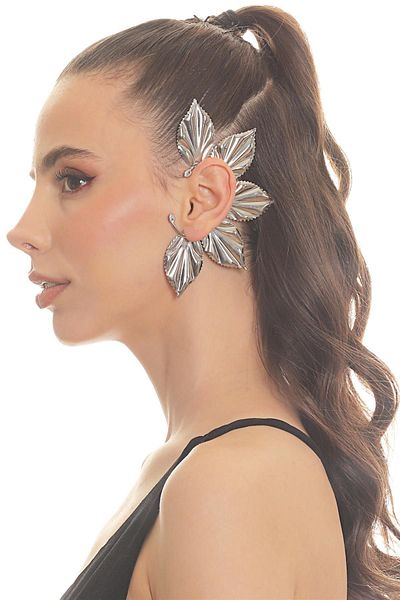LABALABA Women's Silver Color Lacquer Plated Zircon Stone Leaf Stylized Left Ear Earcuff & Cartilage Earring