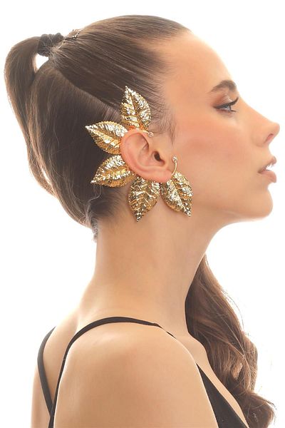 LABALABA Women's Gold Color Lacquer Plated Zircon Stone Textured Leaf Stylized Right Ear Earcuff & Cartilage Earring