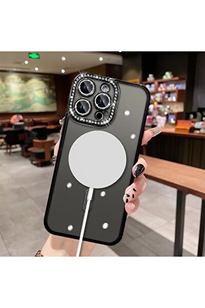 m.tk moveteck İphone 16 Pro Kılıf Tam Kamera Korumalı Parlak Şeffaf Magsafe Kenarları Taşlı Paraltılı Simli