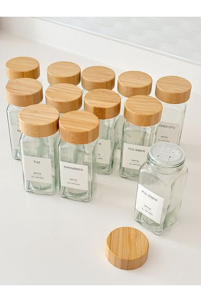 Minika Home 12-Piece Bamboo Spice Jar Set - with Glass Lid (16 Labels)