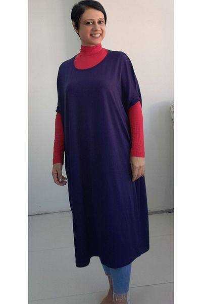 Mertcan Butik Μπλε Navy Viscose Hijab Tunic - Bat Elbow και χαλαρό χτενισμένο βαμβακερό φόρεμα