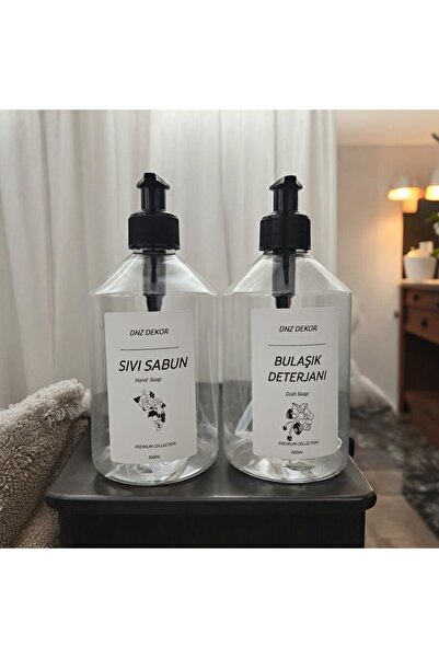 DNZ DEKOR Şeffaf Sıvı Sabunluk Ve Bulaşık Deterjanı Etiketli Plastik Şişe 500 Ml