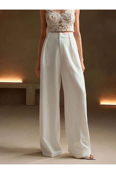ketenhome Loose Cut White Palazzo Women's Trousers