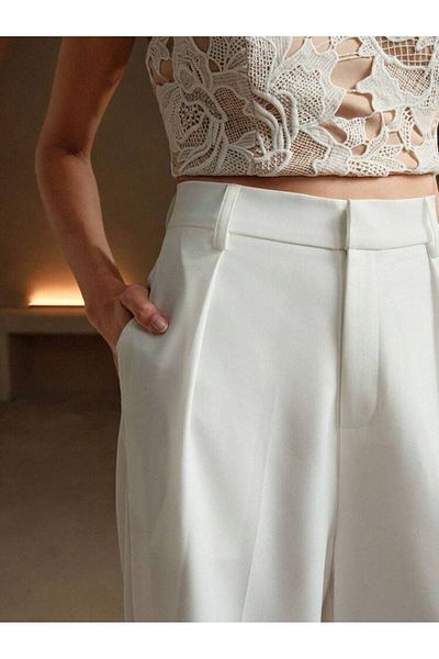 ketenhome Loose Cut White Palazzo Women's Trousers