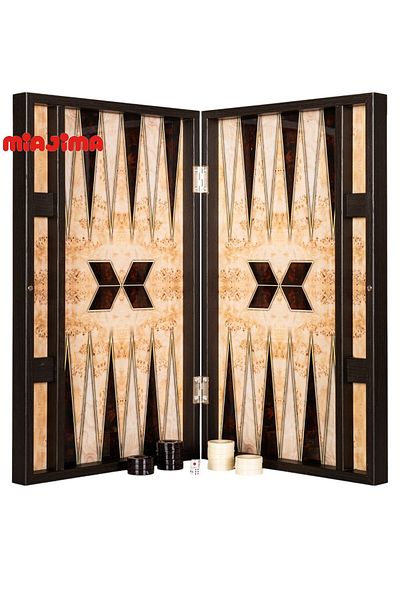 Miajima Geometric Patterned Walnut Trendy Backgammon Set with Flake Tank Large Size