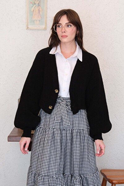 Ceylan Otantik Siyah Balon Kol Triko Hırka