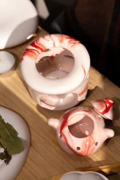 Love Bundles Özel Yapım Seramik Kırmızı Çaydanlık Buhurdanlık (1 adet tealight mum ile)