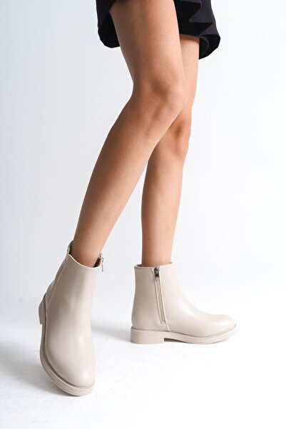 MİSSJENY Fermuarlı Düz Bot Bej Cilt