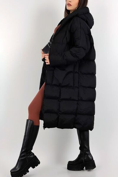 Ottawe Kapüşonlu Uzun Kollu Heybe Cepli Astarlı Rahat Fermuar Kapama Oversize Diz Altı Midi Boy Şişme Mont