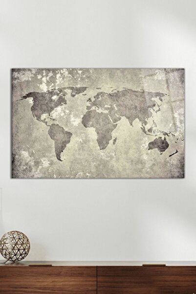 Vosevu Antique Gray World Map Glass Painting, Modern Home Office Decor Gift W...