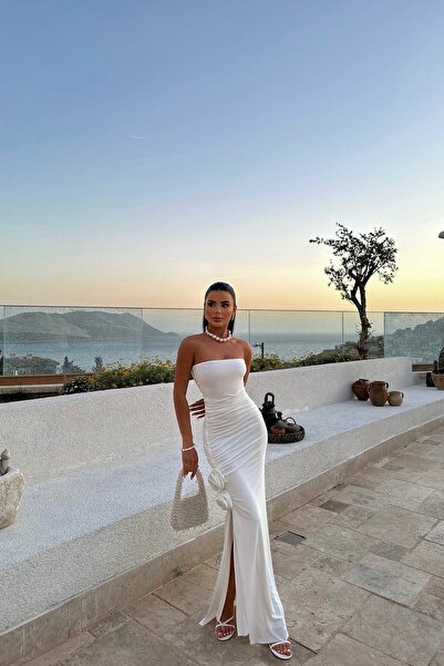 Eyyo Rays White Rose Detailed Slit Long Dress - Ate8320