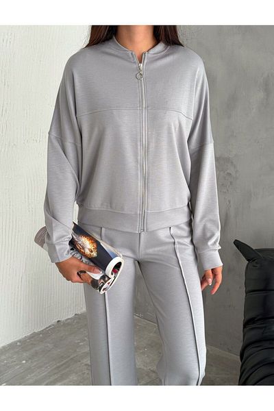 Pimody Gray Modal Women's Tracksuit Set - Zippered